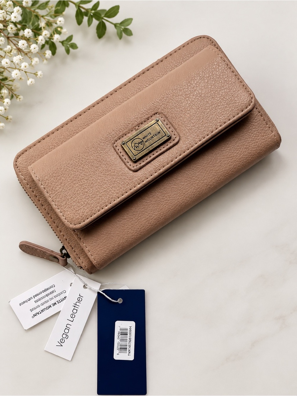 White Mountain Beige-Taupe Vegan Leather Wallet with Zip and Flap